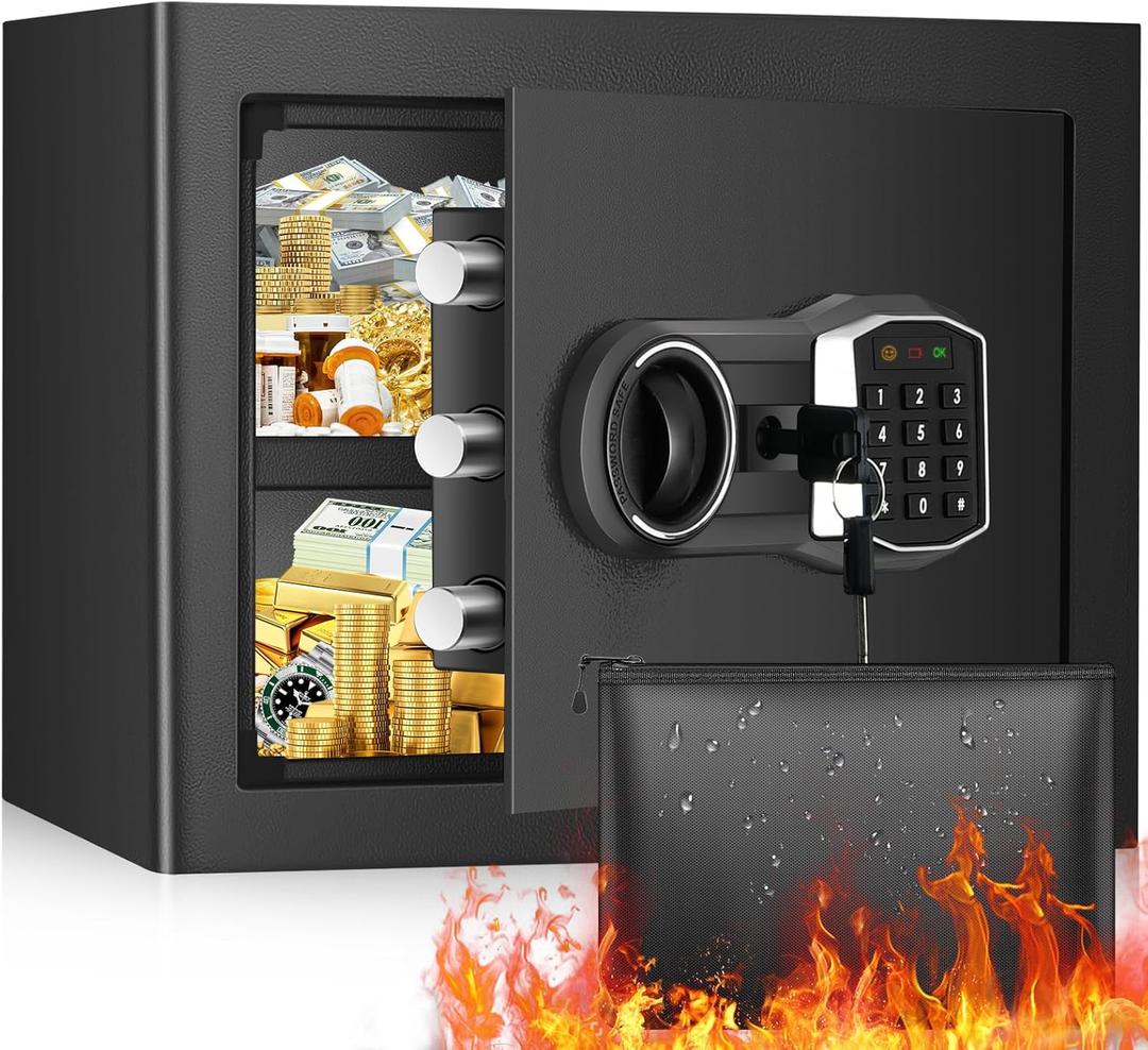 2.3 Cub Home Safe with Fireproof Waterproof Bag, Digital Security Fireproof Safe Box with Electronic Keypad, Spare Keys and Removable Shelf, Fire Safes for Home Jewellery Money Valuables
