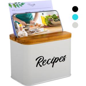 ArtEight Recipe Box - White 4x6 Inch Card Set With 25 Cards, 10 Dividers - Durable Metal Box
