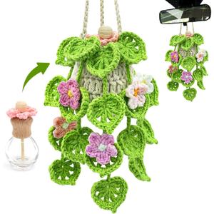 Crochet Car Air Freshener, 15ml Empty Refillable Oil Diffuser Bottle with Hanging Crochet Flowers Plant for Car Rearview Mirror Decor Air Freshener Diffuser for Home, and Office Decor(Flowers)