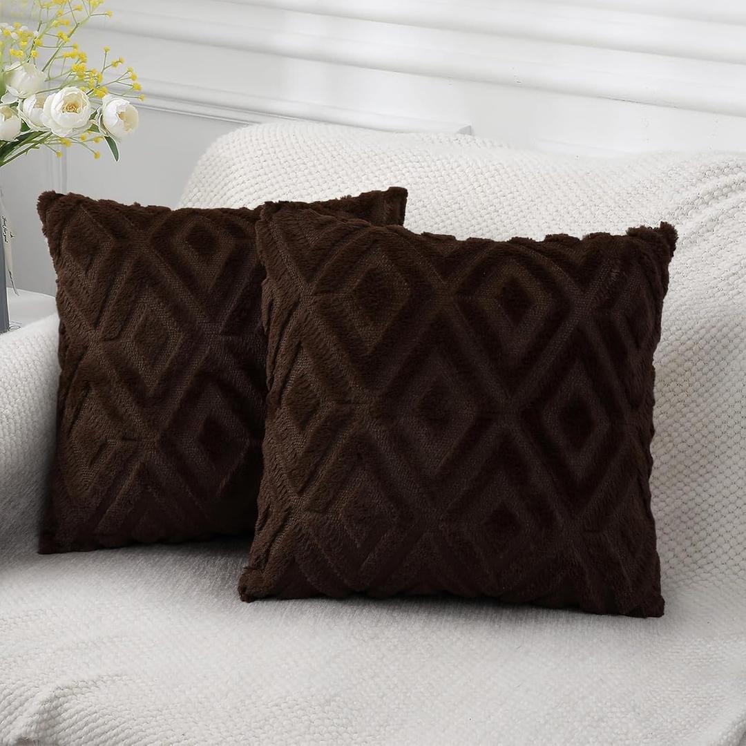 Pallene Soft Faux Fur Throw Pillow Covers 18x18 Set of 2 - Plush Wool Decorative Couch Pillow Covers for Sofa Bed Living Room - with 3D Diamond Pattern - Brown