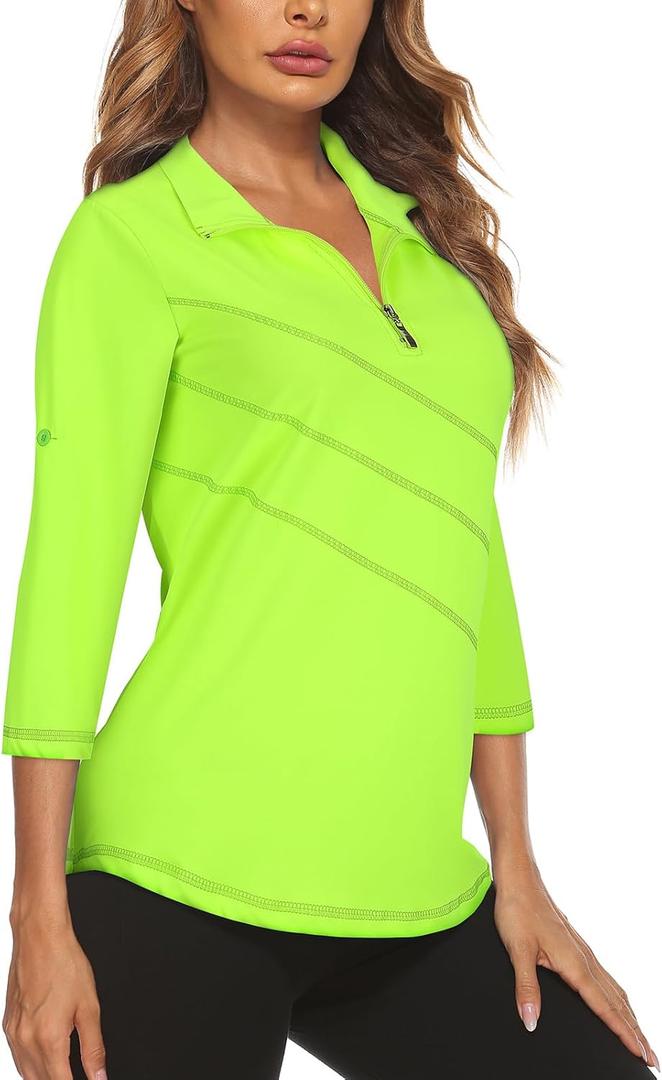 Koscacy Women's 3/4 Roll Sleeve Golf Tennis Polo Shirts UPF50+ Half Zip Dry Fit Workout Tops Athletic Shirt (XXL)