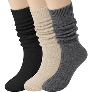 Loritta Wool Socks for Women Winter Warm Long Scrunch Sock Cable Knit Knee High Boot Slouchy Socks (Dark Grey/Beige/Black)