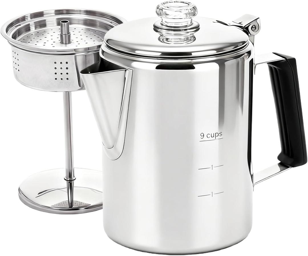 Camping Coffee Pot Stainless Steel, Coffee Pot Outdoors, Durable Stove Top Brew Coffee Maker on Fire, Ideal for Group Camping, Hiking, Backpacking, RV and Travel, 9 Cups