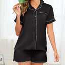 HALCYEEN Black Pjs for Women Set Women's Satin Pajama Set Short Sleeve Button-Front Top Shorts, Silky Soft Sleepwear(Black,M) (Black, M)