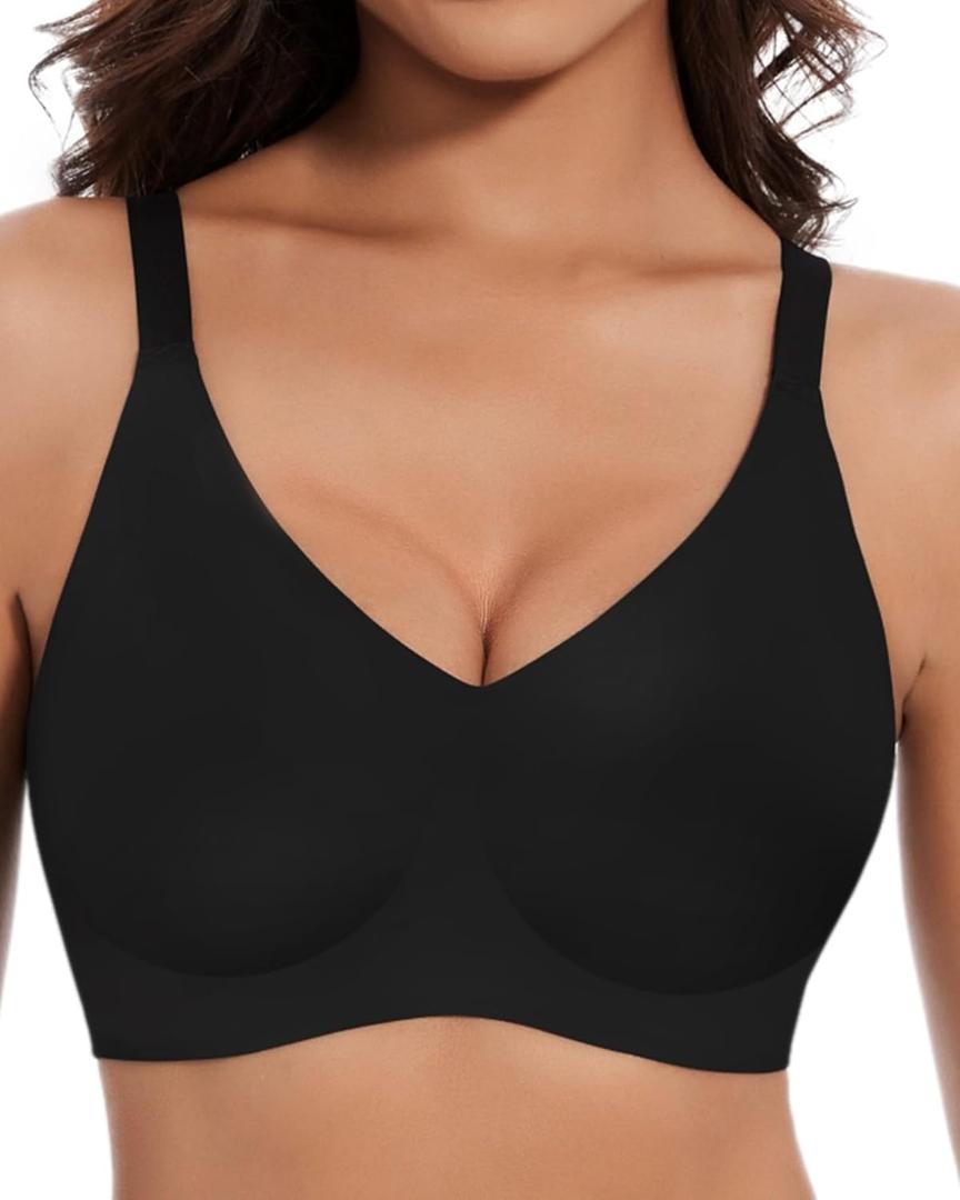 Womens Seamless Bras No Underwire Push Up V Neck Wireless Bralettes with Soft Support Full Coverage Floral Bra (XX-Large, Black)
