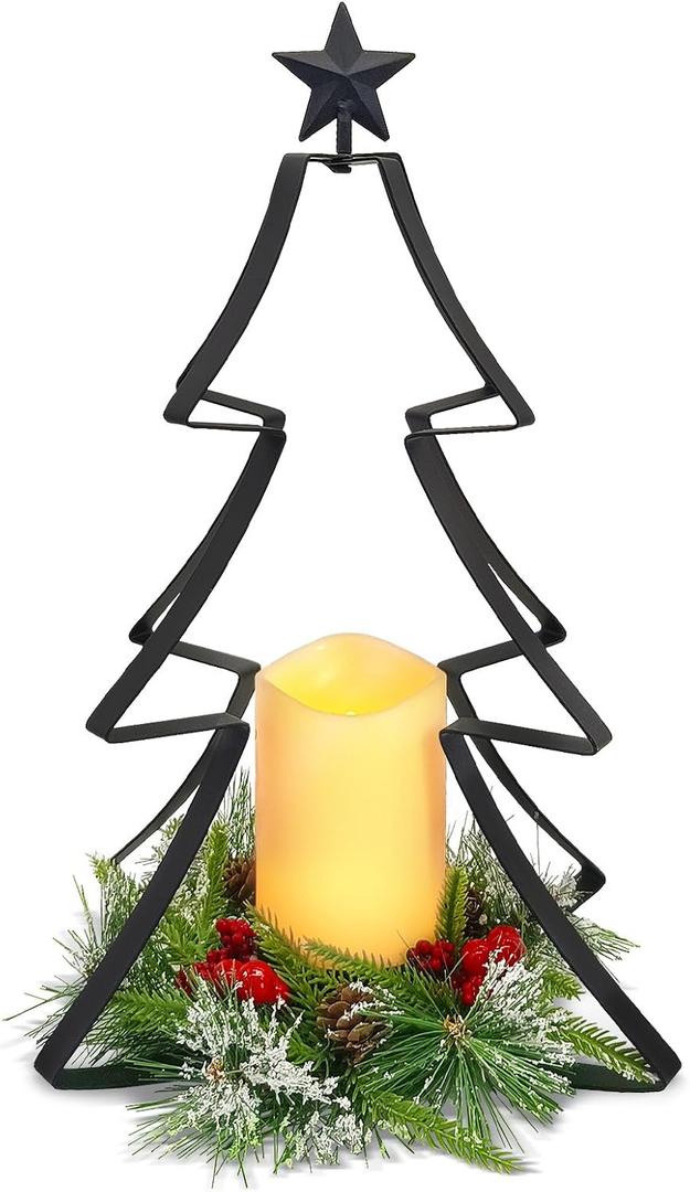 Christmas Metal Tree Centerpiece Table Decoration Lighted Candle Holder Stand Battery Operated and Timer for Xmas Holiday Table Fireplace Mantle Decorations (Black)
