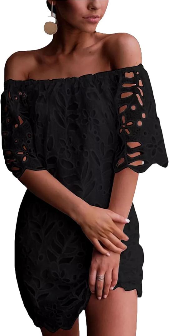 PRETTYGARDEN Women's Summer Off Shoulder Dresses Floral Lace Flare Short Sleeve Spring Vintage Elegant Mini Dress (Black, M)