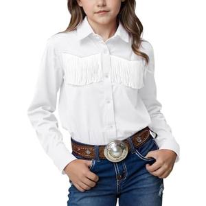 Noomelfish Girls Fringe Snap Button Down Western Shirt Cowgirl Long Sleeve Blouse Tops (5-12 Years) L