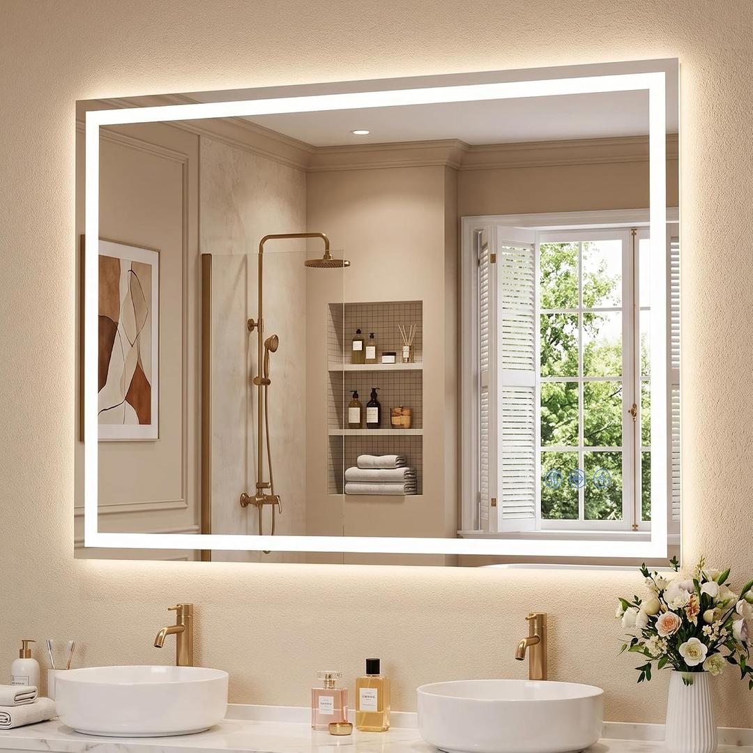 LED Bathroom Mirror 40"x30", Wall-Mounted Vanity Mirrors Front & Backlit Light Control Stepless Dimmable Anti-Fog Memory 3 Color Temperatures Shatter-Proof Tempered Glass