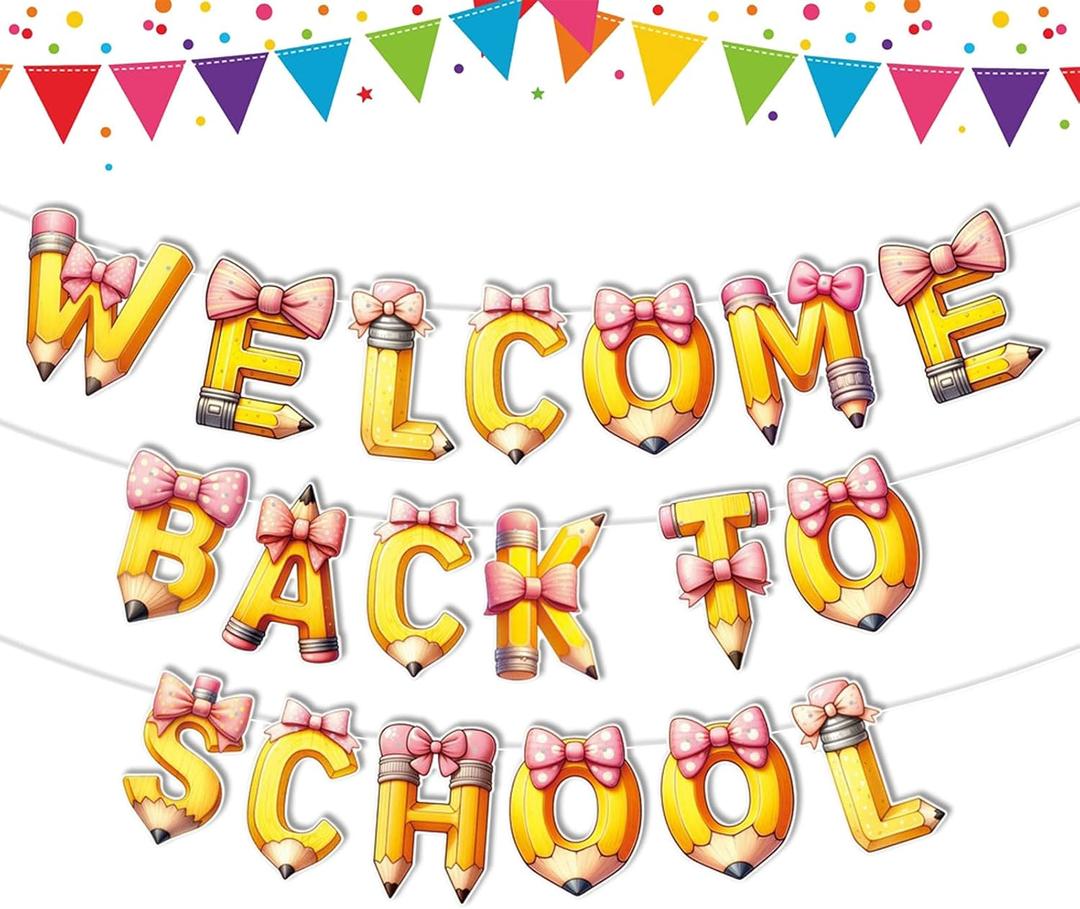 4 x Welcome Back to School Banner - Back to School Banner for Back to School Decorations - Bow Pencil Banner for First Day of School Decorations Classroom School Decorations Supplies Home Photo Backdrop