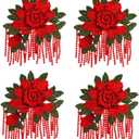 4 Pieces Vintage Large Peony Fabric Patches with Tassel Lace Flower Sew Embroidered Appliques for Garment Shoes Jeans Clothes Fringe Trim Embellishment (Red)