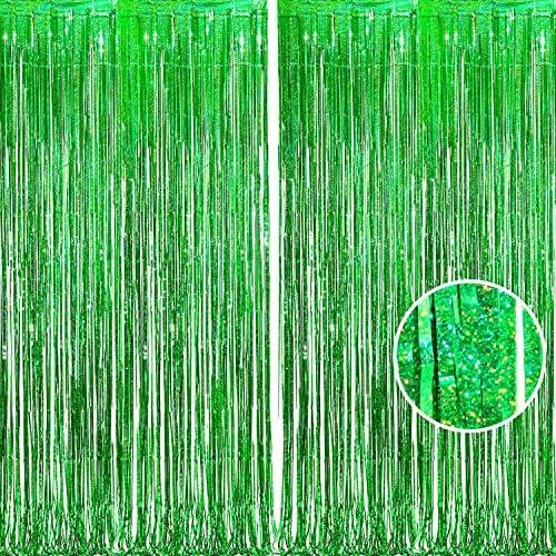BRAVESHINE Green Metallic Tinsel Foil Fringe Curtains - 2 Pack 3.2 x 8.2 ft Metallic Photo Backdrop for Graduates-Theme/St Patricks Day/Hawaiian/Luau/Dinosaur/Jungle-Theme/Christmas Party Decorations