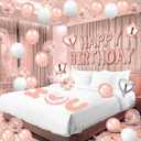 Pink Birthday Balloons Decorations Rose Gold Birthday Balloon Letters Banner with 6 Pcs Star Balloons Pink Artificial Rose Petals 24 Flameless LED Candles for Room Bday Party Decorations Supplies