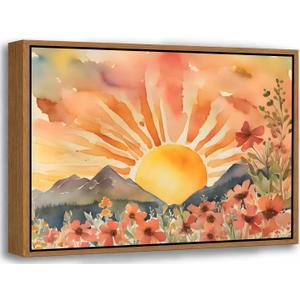 Framed Boho Sun Canvas Wall art | Abstract Bohemian Sunset in The Mountains Wildflowers Sunrise Landscape Picture Wall Decor Print Artwork for Living Room, 24"L x 16"W