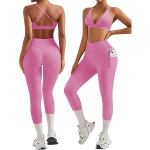 RXRXCOCO 2 Piece Workout Sets for Women Strappy Sports Bra Booty Leggings with Pockets Yoga Gym Outfits (Small, Pink)