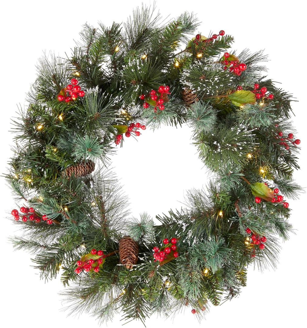 National Tree Company 24 in Pre-Lit Wintry Pine Flocked Artificial Christmas Wreath, Christmas Decoration with Pinecones, Red Berries, 50 Clear LED Lights, 113 Tips, Timer, Green