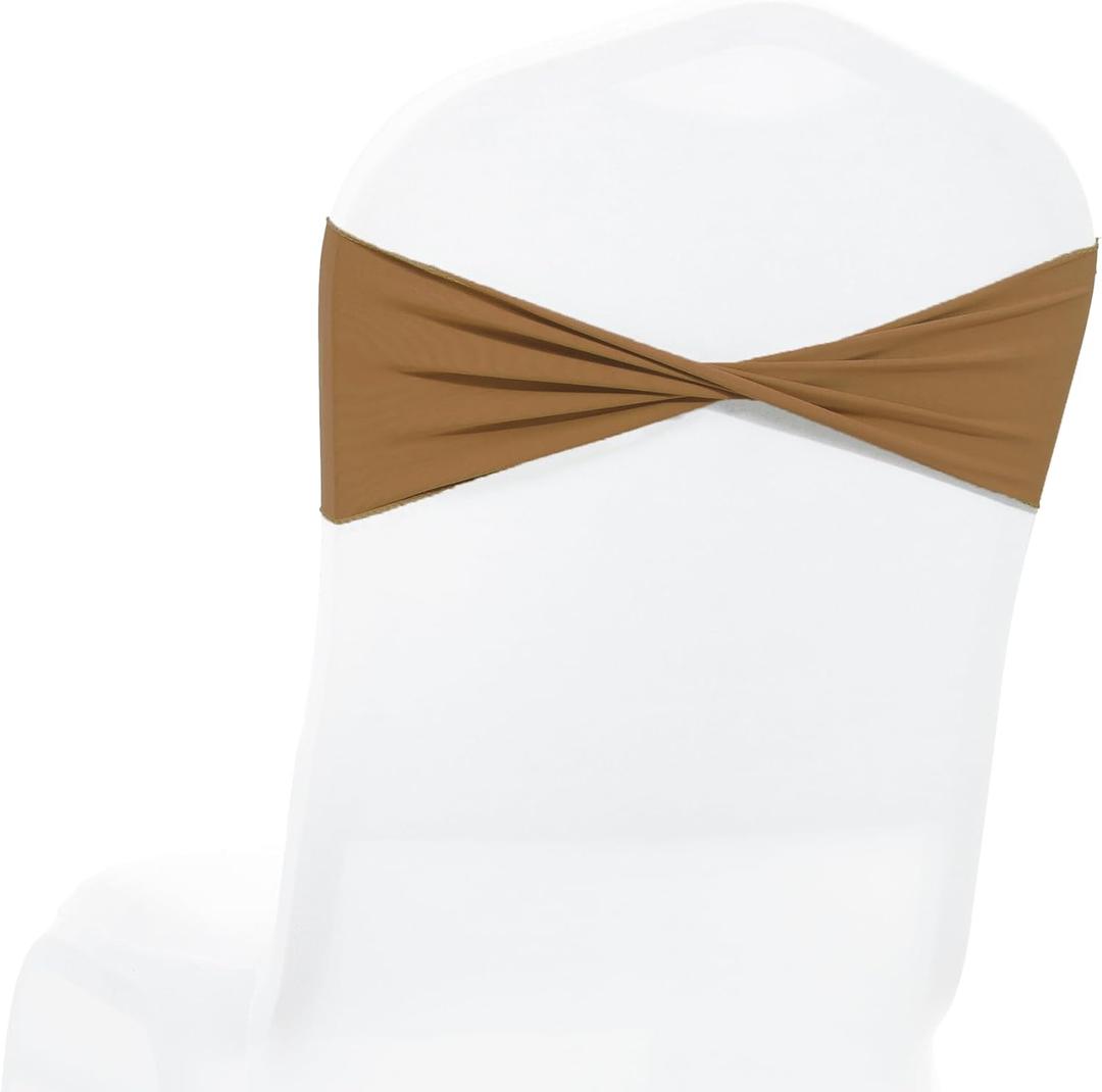 MDS Pack of 50 Spandex Chair Sashes Bows Elastic Stretch Dining Chair Bands Ties Without Slider Buckle Universal fits for Wedding Baby Shower Birthday Party Banquet Event Decoration - Mocha