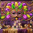 Mardi Gras Backdrop Banner Carnival Masquerade Photography Backgrounds Mask Colorful Backdrop Party Decoration Banner Studio Props for Wedding Bachelorette Party Decorations Banner 6x4ft (Feathered Mask#002)