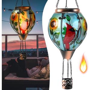 Hot Air Balloon Solar Lantern - Large Cardinal Bird Glass Lantern, Simulated Flickering & Dancing Flame, Big Outdoor Hanging Sunflower Yard Light Waterproof IP65 for Patio Lawn Porch Decor Gift