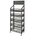 5 Tier Supermaket Snack Rack Display Stand, Free-Standing Black Retail Display Shelves with 12 Hooks & 4 Wheels, Large Metal Snack Shelf for Store Business