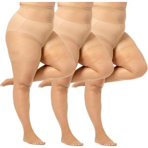 3 Pairs Plus Size Pantyhose for Women 30D - Sheer Tights Control Top, Extra Wide Waistband, Reinforced Toe