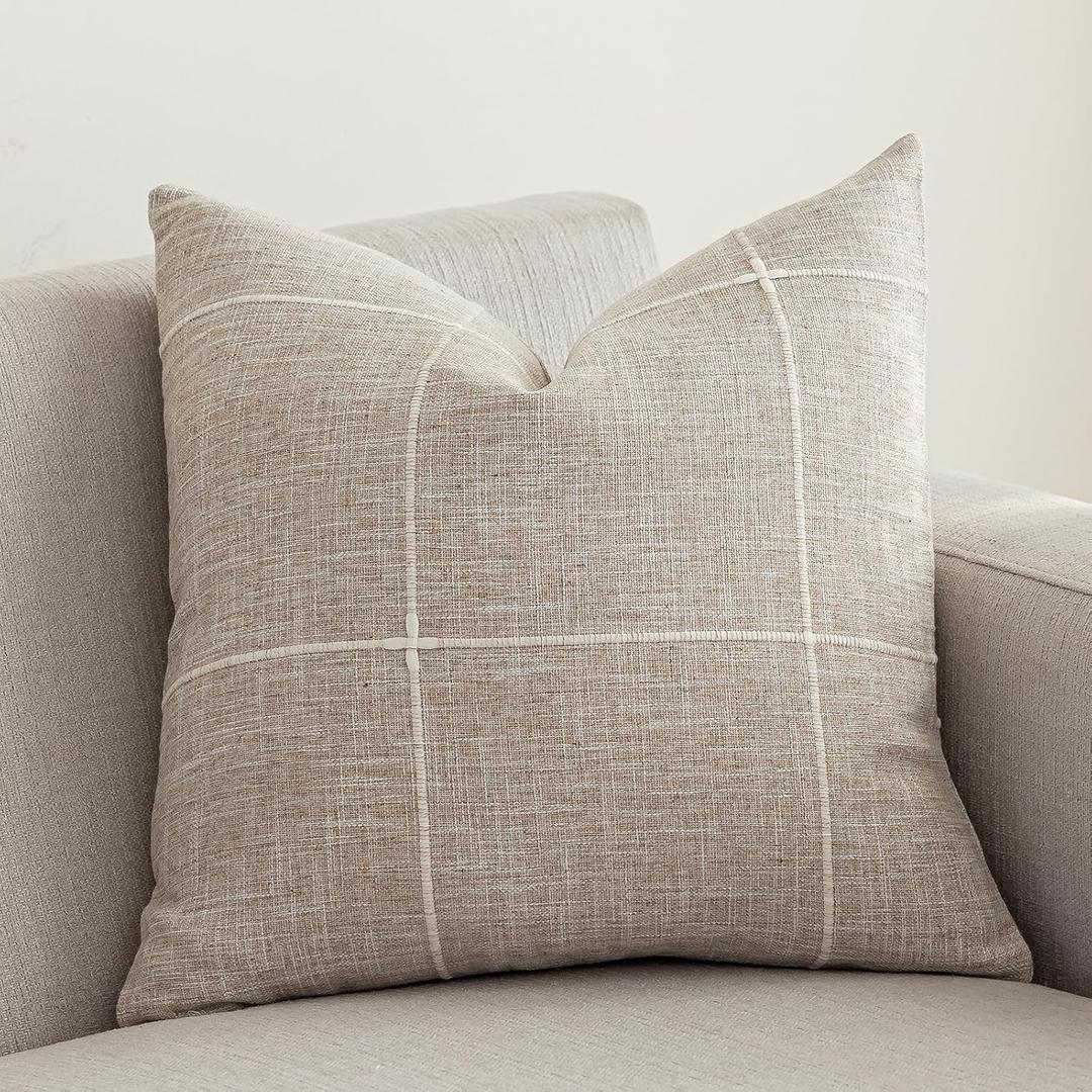 vctops Rustic Lattice Cotton Linen Decorative Throw Pillow Cover Embroidery Square Cushion Cover Pillowcase for Sofa Bedroom Couch (Plaid Coffee, 20"x20")