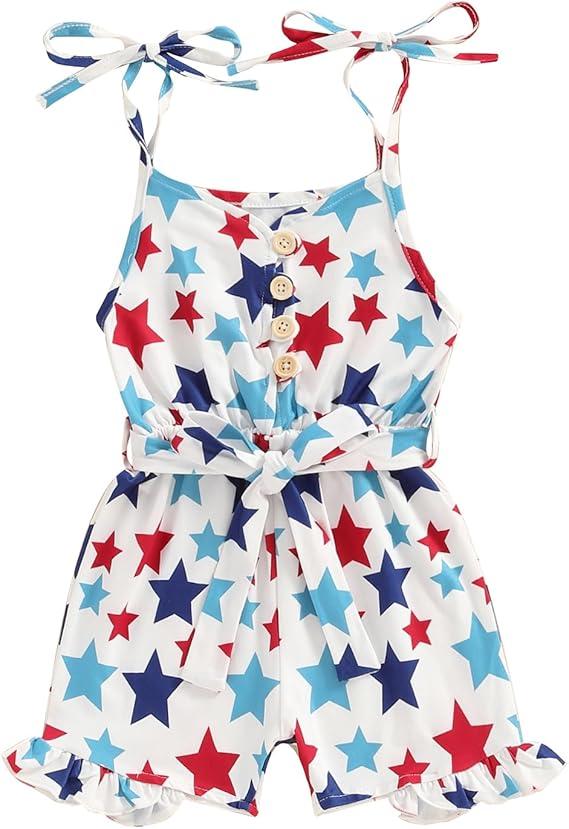 4th of July Outfit Toddler Girl Stars Stripe Flag Tie-Up Romper Overall Shorts Little Girls 4th of July Clothing 3-4Y