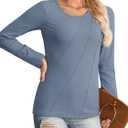 HWOKEFEIYU Women Long Sleeve Shirts Casual Tops Blouses Fashion Pleated Tunic Fall Clothes Crew Neck Slim Fitted 2024 (XL)