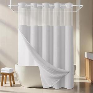 Light Grey Cotton No Hook Shower Curtain,Waffle Weave Shower Curtain Set,with Snap in Replacement Liner 75" L x 72" W