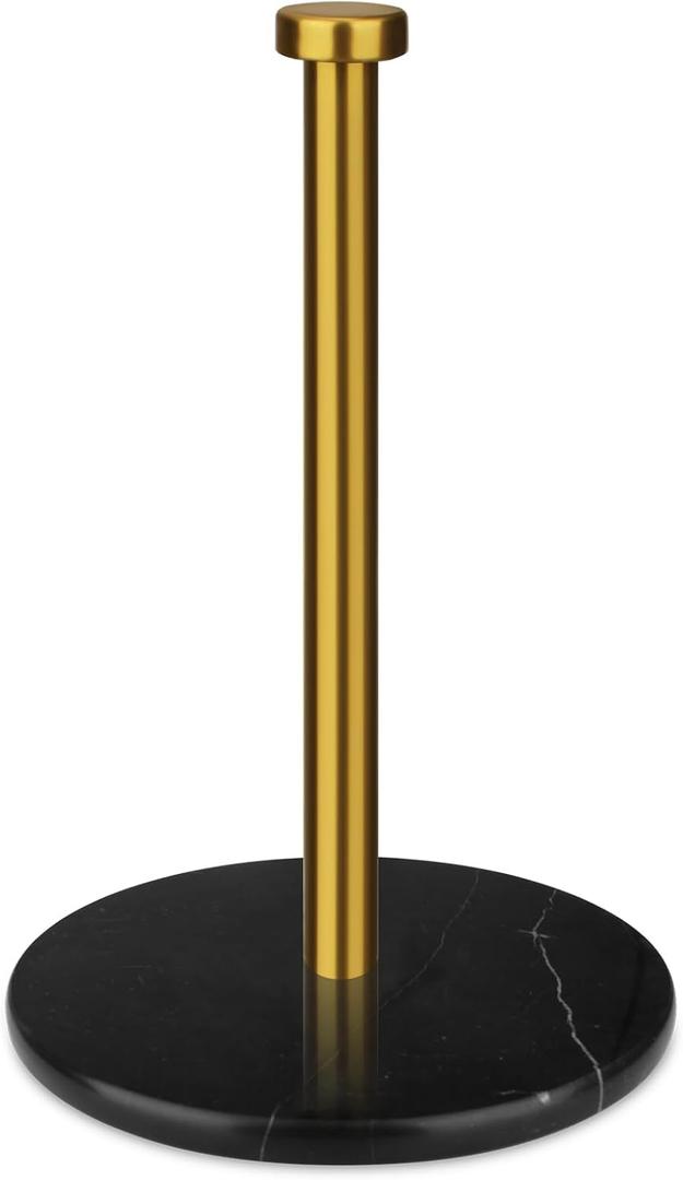 Paper Towel Holder Countertop with 7" Weighted Black Marble Base - Modern Free Standing Paper Roll Holder, Brushed Gold Stainless Steel Stand Paper Towel Holder for Kitchen and Bathroom