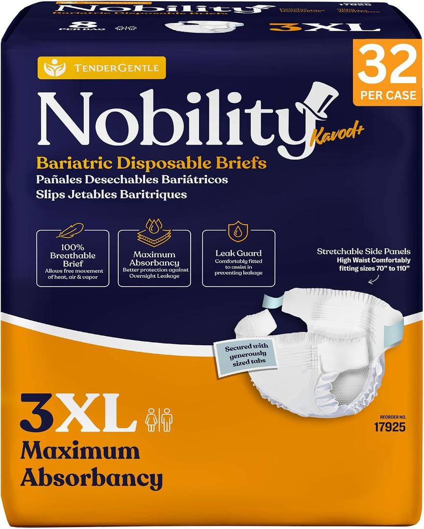 3XL Adult Diapers for Women and Men - Case of 32 Bariatric Disposable Briefs with Tabs and Stretchable Side Panels - Breathable with Max Absorbency