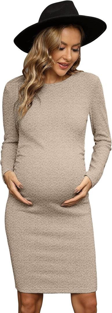 Womens Long Sleeve Knit Ribbed Maternity Dress, Ruched Midi Maternity Bodycon Dress Casual Work (Small, Khaki)