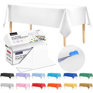 54 Inch X 300 Feet Plastic Table Cover Roll Disposable Tablecloth with Slide Cutter for All Type/Shape Tables | Table Cover for Party, Picnic, Banquet & Outdoor Activities (White)