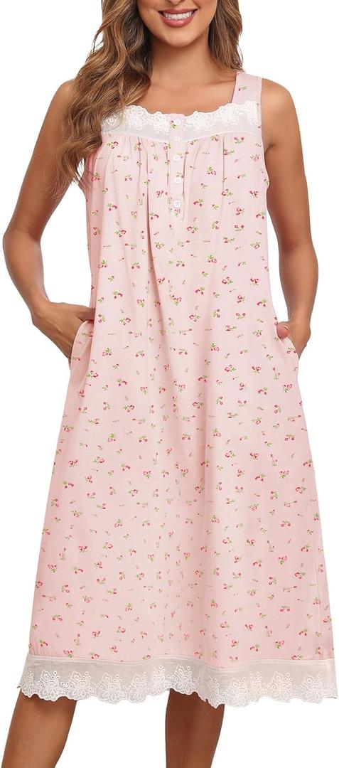 Bloggerlove Nightgowns for Women 100% Cotton Button Down Sleeveless House Dress Lace Moomoo Nightgown with Pockets (Large, Pink Flower)