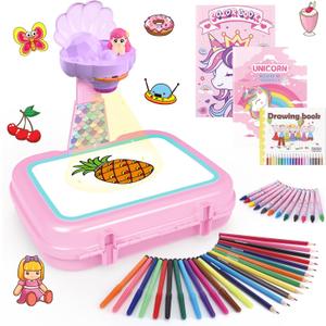 Hoarosall Drawing Projector for Kids, Arts and Crafts,Drawing Board Tracing Pad, Color Pens, Pencils, Crayons, Scrapbook, Ideal Toy for 3+ Year Old Girls (Mermaid Kit with Box)