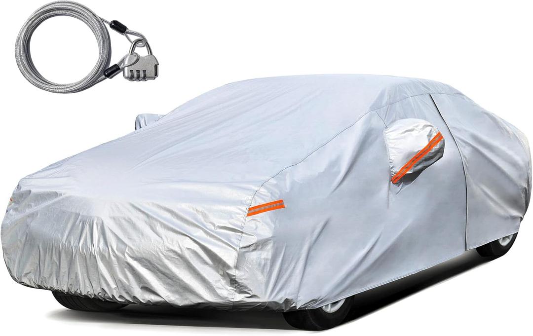 Kayme Car Cover for Automobiles All Weather Waterproof with Lock and Zipper Door, Outdoor Cover Sun Uv Rain Protection, Fit Sedan (186 to 193 Inch) H3 (Silver)