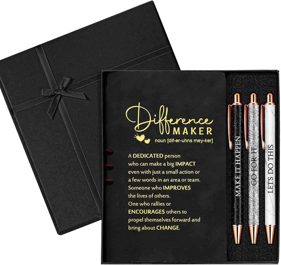 Thenshop 5 Pcs Employee Appreciation Gift Journal with Pen Difference Maker Inspirational Leather Notebook 3 Ballpoint Pens Box Thank You Gift for Coworker Teacher Volunteer Social Worker(Black)