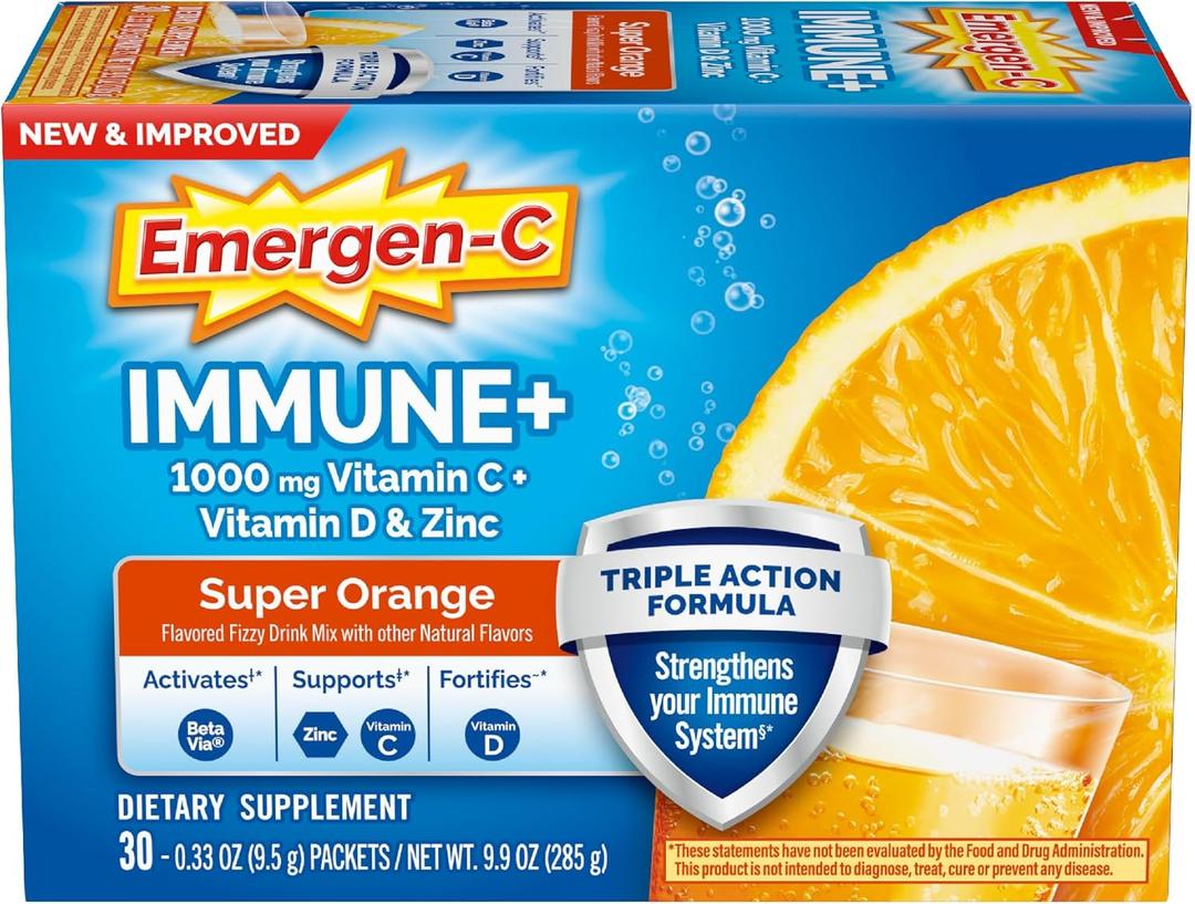Emergen-C Immune+ Triple Action Immune Support Powder, BetaVia (R), 1000mg Vitamin C, B Vitamins, Vitamin D and Antioxidants, Super Orange  30 Count