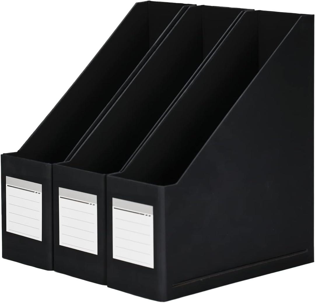 HUAPRINT Black Magazine Holder,Cardboard Magazine File Holder (Pack of 3),Magazine Organizer Box,with Labels