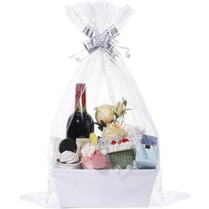 MADHOLLY 6 Set Baskets for Gifts Empty - Sturdy Kraft Gift Basket Kit with Cellophane Wrap and Pull Bows for Christmas Wedding Baby Shower Party Gift Wrapping, White