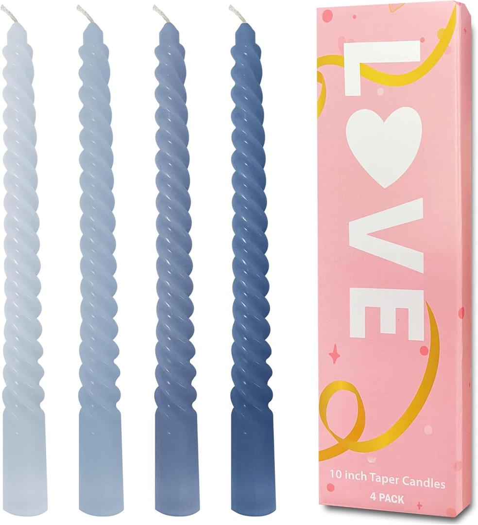 Taper Candles Blue, Spiral Twisted Candles Set of 4, Unscented Taper Candlesticks 10 inch Tall, Home Decor Wedding Decorations,Valentines Day