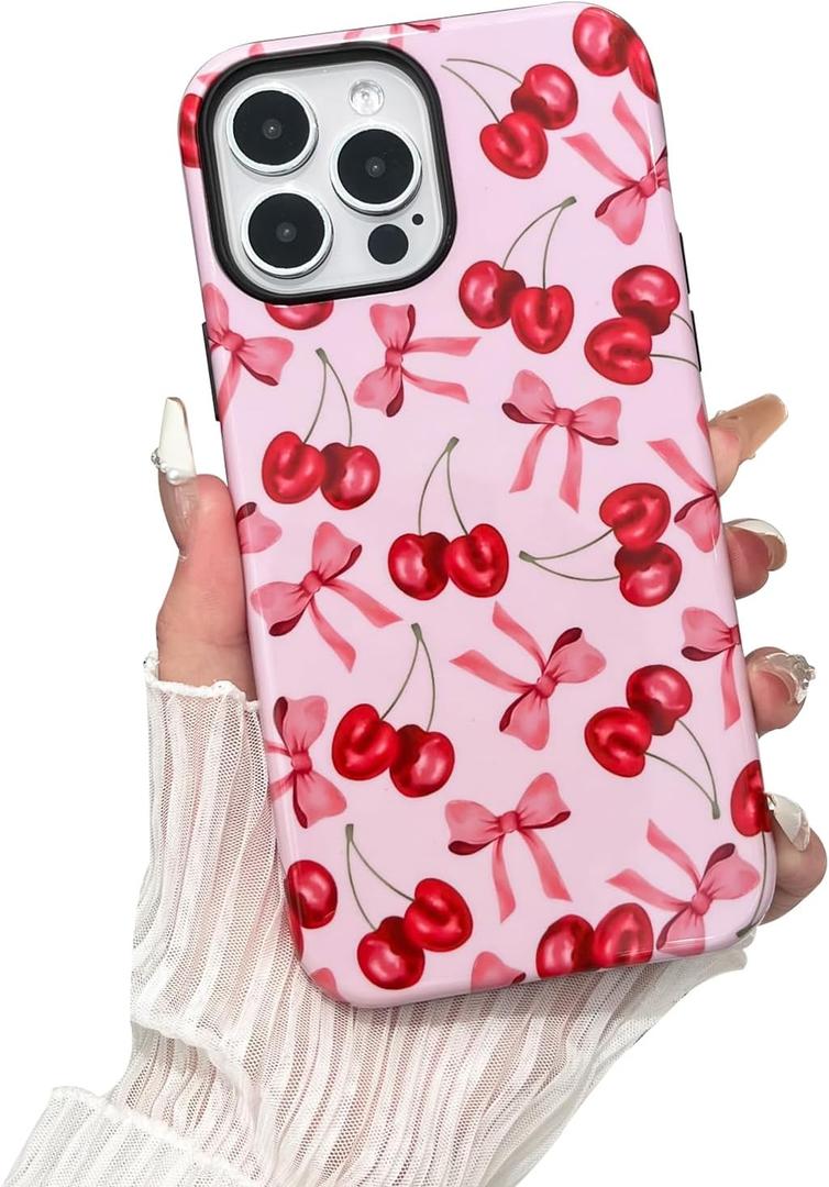 Compatible with iPhone 14 Pro Max Case, Cute Pink Cherry Bow Pattern with Shockproof Slim Soft TPU and Hard PC Protective Cover for Women Designed for iPhone 14 Pro Max Case, Glossy