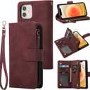 RANYOK Wallet Case Compatible with iPhone 12/12 Pro (6.1 inch), Premium PU Leather Zipper Flip Wallet RFID Blocking with Wrist Strap Magnetic Closure Built-in Kickstand Protective Case - Wine Red