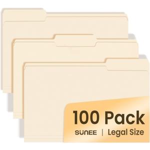 SUNEE Manilla Folders Legal Size (14 x 8.5 inches),100 Per Box, Durable Paper File Folders with 1/3 Cut Tab for Office, Legal Documents, Filing, and Organizing