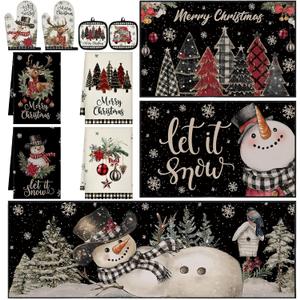 11 Pcs Snowman Kitchen Mats Oven Mitts Kitchen Towels and Pot Holders Set Winter Reindeer Rugs Christmas Floor Mats Let It Snow Decorations for Home Cooking Party Gift