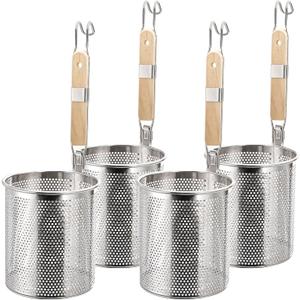 ZAVOOS 4 Pack Pasta Strainer, 5.5''D x 6''H Large Stainless Steel Mesh Spider Noodle Basket with Wood Handle, Fine Kitchen Food Skimmer Cooker for Spaghetti, Dumpling Boiling, Rinsing, Blanching