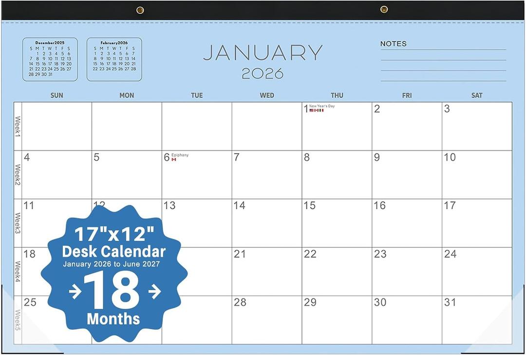 2 x 2026 desk calendar 17x12 Inch-Wall & Desk Planner Dual-Use Design,18-Month Use, clear plastic cover