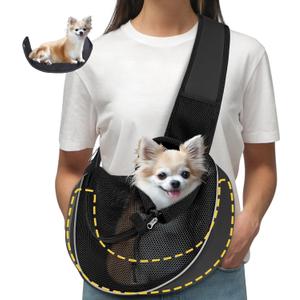 Upgraded Breathable Mesh Dog Sling Carrier for Small Dogs & Cats Up to 10 lbs- Detachable Hard Bottom, Adjustable Strap & Large Pocket - Hands-Free Pet Carrier for Travel Walking Hiking (Black Size S)