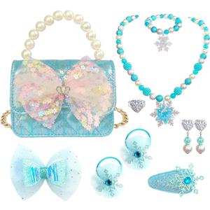 Girl Handbag Purse for Little Girls Kids Pretend Play Dress Up Necklace Hair Accessories Jewelry Set, Light Blue