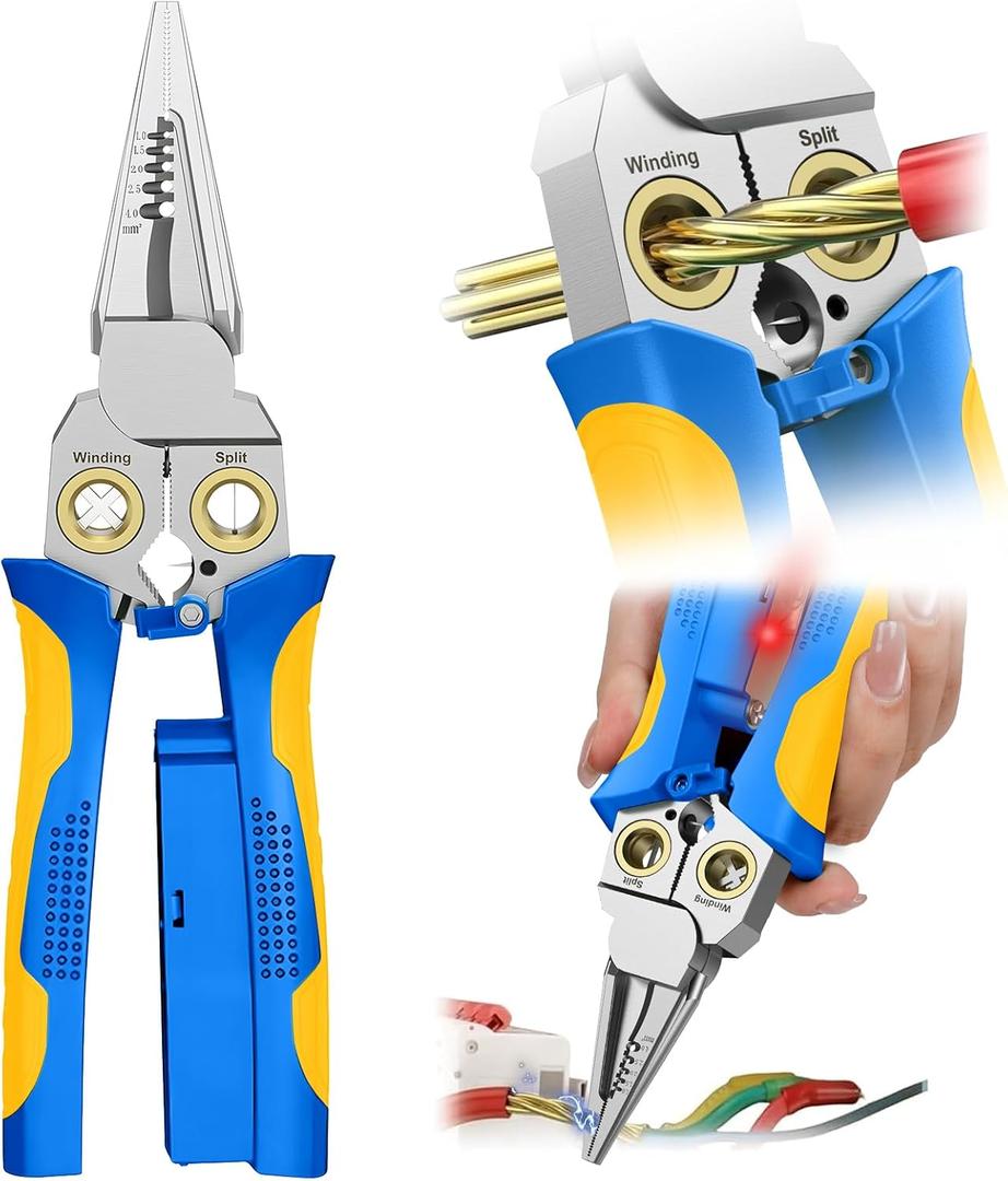 GADO Pro 8-in-1 Wire Crimper Stripper with Voltage Detector & Dual Alarms - Heavy Duty 12-250V AC/DC Tester for Hot/Neutral Wires - Electrician, HVAC, Car Repair Tool (Blue-1)